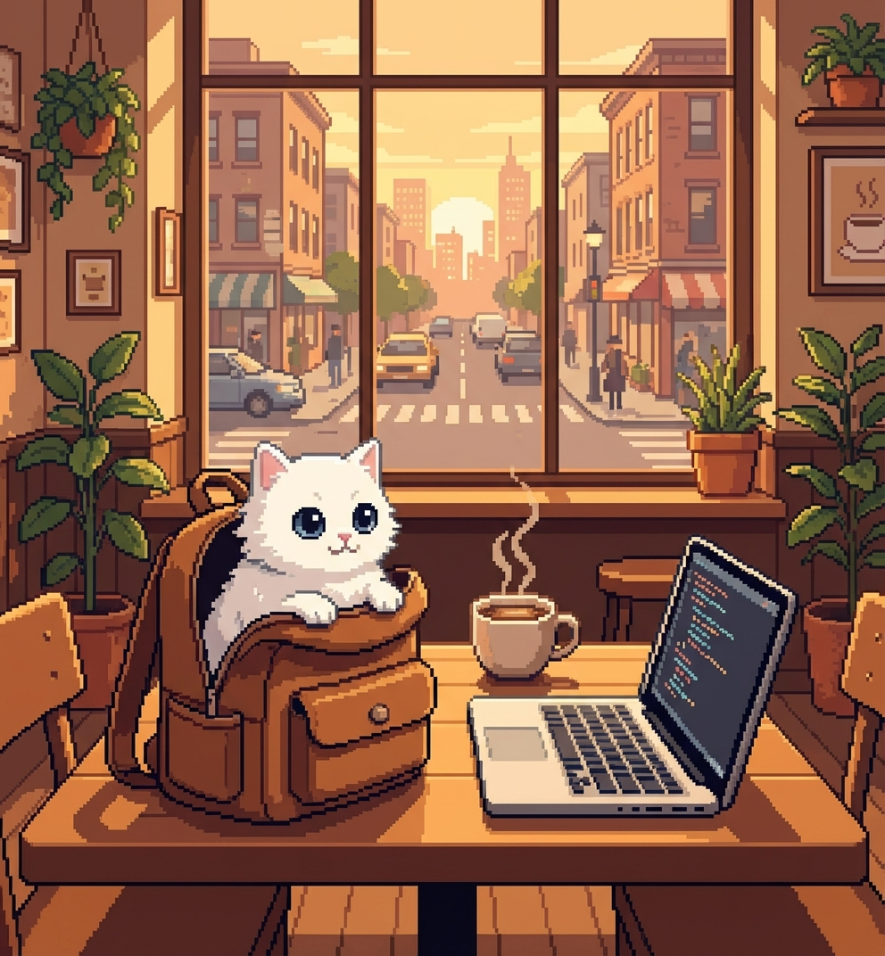 A pixel art cat sitting in a backpack at a cafe table